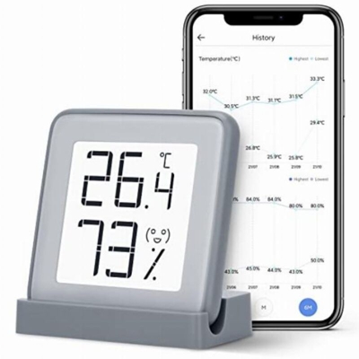 Azarton Termometro digitale per interni, igrometro con display E-ink e Smart APP, wireless, Bluetooth, termometro, termometro da camera per bambini,