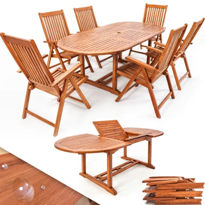 Deuba Tavolo e sedie da giardino 7 pezzi Legno di eucalipto Certificato FSC® Tavolo allungabile set da pranzo giardino terrazzo balcone