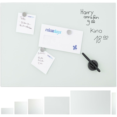 Lavagna Magnetica in Vetro, Scrivibile, Bacheca da Parete, 3 Calamite, Pennarello, 80 x 50 cm, Bianca