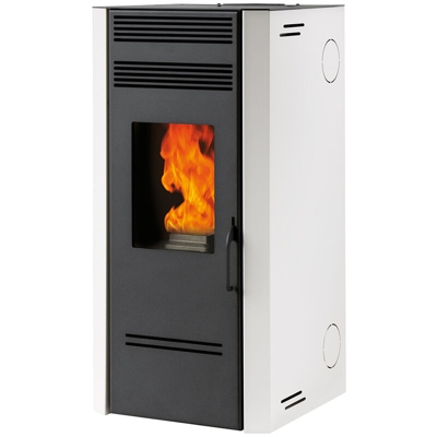 Stufa a pellet "G 100" 10 kW, ventilazione frontale, con braciere in ghisa - colore bianco