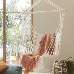Sedia a dondolo in cotone amaca corda appesa in legno beige nappa patio casa indoor outdoor camping en oferta