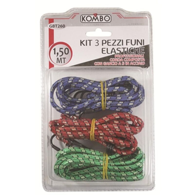 KIT 3 pz Funi Elastiche Diam 8MM L=1,50MT Colori Assortiti Doppio Gancio