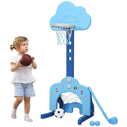 47 * 55 * 125 cm 6 in 1 canestro da basket per bambini regolabile in altezza, porta canestro multifunzionale per interni ed esterni - Bleu clair en oferta