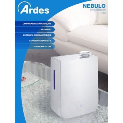 AR8U10 Umidificatore Nebulo Ad Ultrasuoni 30 W Capacita 4 Litri 3 Livelli di Vapore Grande Comando Touch, Bianco - Ardes