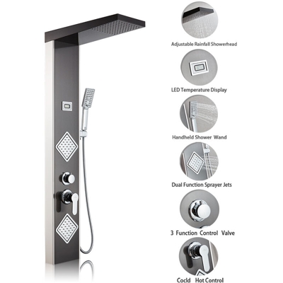 Auralum Pannello Doccia Acciaio Inox, 3 Funzioni set Doccia Con Soffione a Pioggia e Doccetta idromassaggio, Funzione di visualizzazione della