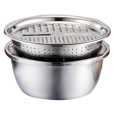 Vasca grattugia multifunzione in acciaio inox, bacinella lavaverdure, setaccio riso da cucina e bacinella di raccolta, set tritaverdure in tre pezzi