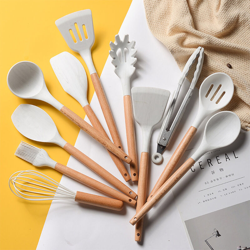 Set di utensili da cucina in silicone Set di utensili da cucina antiaderenti Set di 11 utensili da cucina resistenti al calore con manico in legno en oferta