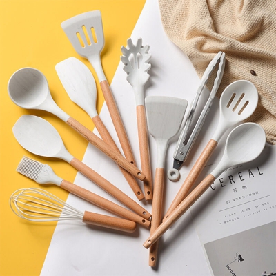 Set di utensili da cucina in silicone Set di utensili da cucina antiaderenti Set di 11 utensili da cucina resistenti al calore con manico in legno