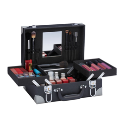 Valigia per il Trucco, Organizer con Specchio, HxLxP 13x31,5x23,5 cm, per Make-Up, 3 Scomparti, Nero/Grigio en oferta