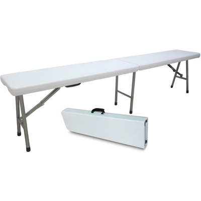 Panca panchina panchetta 183X25H44cm pieghevole in dura resina di plastica bianca con 3 gambe in ferro e metallo richiudibile per tavolo