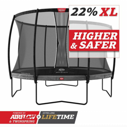 SOLO TRAMPOLINO Tappeto elastico da giardino rotondo 430cm - grigio Deluxe XL. Rete con pali curvi per maggiore sicurezza. Salti fluidi grazie alle características