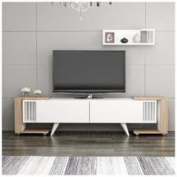 Mobile Porta Tv Leron - Con Ante, Ripiani, Tavolini - Da Salotto - Bianco, Noce In Legno, 150 X 30 X 41 Cm en oferta