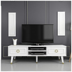 Mobile Porta Tv Binsu - Con Ante, Ripiani - Da Salotto - Bianco, Oro In Legno, 150 X 35 X 46 Cm en oferta