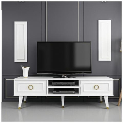 Mobile Porta Tv Binsu - Con Ante, Ripiani - Da Salotto - Bianco, Oro In Legno, 150 X 35 X 46 Cm