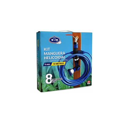 S&M 548635 Kit Elicoidale EVA da 10 m con pistola con 8 funzioni di irrigazione + Supporto connettore per tubo e raccordo, blu