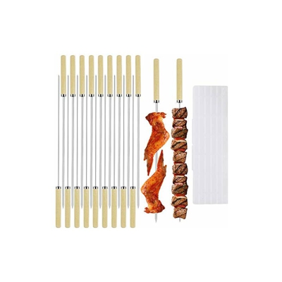 SZSMD - Spiedini per barbecue in acciaio inox con manico in legno, riutilizzabili, in acciaio inox, 20 aste per barbecue, 1 macchina per il piercing