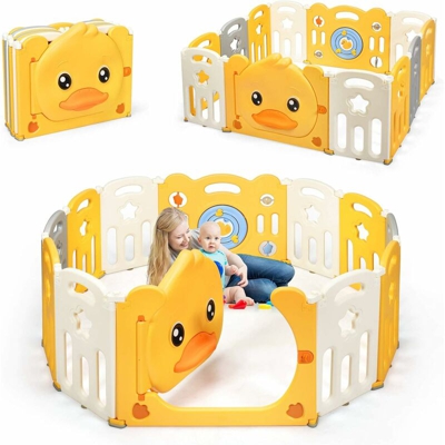 Box per Bambini, Recinto Pieghevole con Motivo a Papera Gialla, Barriera di Sicurezza Portabile in Plastica, con Blocco di Sicurezza, Recinzione con