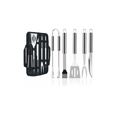 d.Stil - Set di 5 utensili per barbecue, accessori in acciaio inossidabile, utensili da barbecue, portatile, strumenti per giardino, esterno,