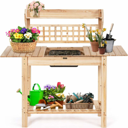 Banco tavolo da lavoro per giardinaggio in legno naturale con lavandino in plastica e mensole scorrevoli, (100,5-148) x 45 x 140,5 cm, naturale en oferta