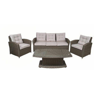 Set Giardino Simil Rattan Da Esterno Color Caffe' Con Cuscini Beige Divano Tre Posti Poltrone Tavolino - Modello Shangri-La