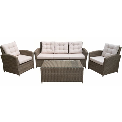 Set Giardino Simil Rattan Da Estreno Color Caffe' Con Cuscini Beige Divano Tre Posti Poltrone Tavolino - Modello Rose Garden