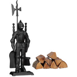 Accessori da Camino con Cavaliere, Set da 4, in Ghisa, Paletta, Scopino, Attizzatoio e Porta Attrezzi, Nero características
