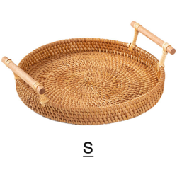 Vassoio da portata intrecciato con cesto di pane rotondo in rattan con manici per cene con cracker, colazione al caffe (S / M),Khaki S precio