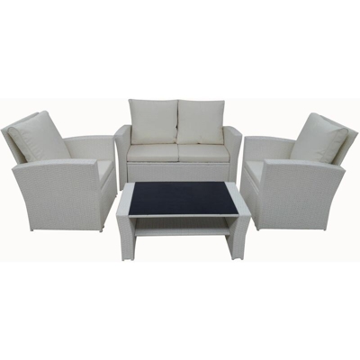 Set da Giardino POLARIS colore Bianco e Simil Rattan divano poltrone e tavolino vetro temperato
