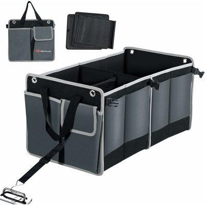 Goplus - Borse per Bagagliaio Auto, Bagagliaio Auto, Pieghevole e Resistente, 2 Scomparti, 10 Tasche, Grigio e Nero, 2 Cinghie di Fissaggio, 66 x 36
