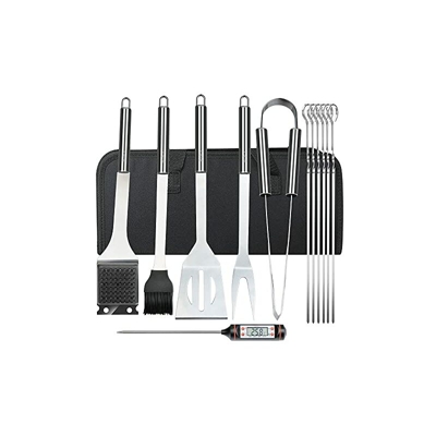 Bify - Set di posate per barbecue con custodia, 6 in 1, + termometro da barbecue, in acciaio inox e alluminio