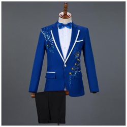 Abiti Da Uomo Floreali Con Diamanti Rossi Per Matrimonio, Blazer 3 Pezzi + Pantaloni + Papillon, Set Da Smoking [ blu E Nero-1254 / Asiatico Xl] en oferta