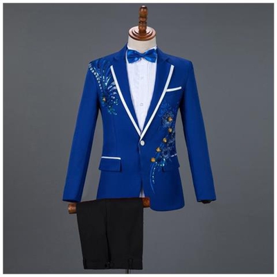 Abiti Da Uomo Floreali Con Diamanti Rossi Per Matrimonio, Blazer 3 Pezzi + Pantaloni + Papillon, Set Da Smoking [ blu E Nero-1254 / Asiatico Xl]