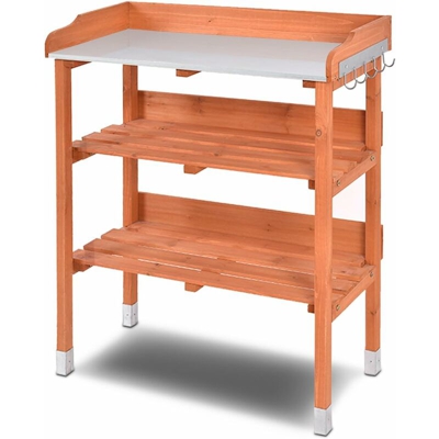 Costway - Tavolo da Lavoro per Giardinaggio in Legno di Abete e Metallo, Banco da Lavoro per Giardinaggio, con 2 Mensole Aperte e Ganci, 76 x 37 x 89