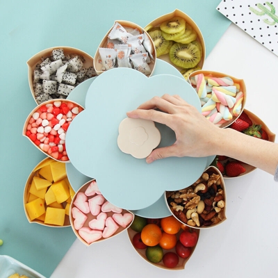 [Doppio strato, strato singolo piccolo, strato singolo grande] Vassoio per snack rotante a forma di petalo Scatola portaoggetti blu per alimenti a 2
