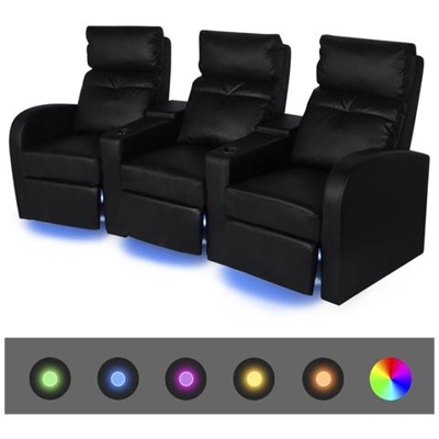 Poltrona Da Cinema Reclinabile A 3 Posti Con Led Pelle Artificiale Nera