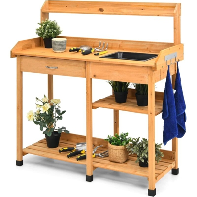 Tavolo da Lavoro per Giardinaggio, Scaffalatura in Legno per Piante, Tavolo di Lavoro con Cassetto e Lavello Ampio, per Cortile Prato Balcone