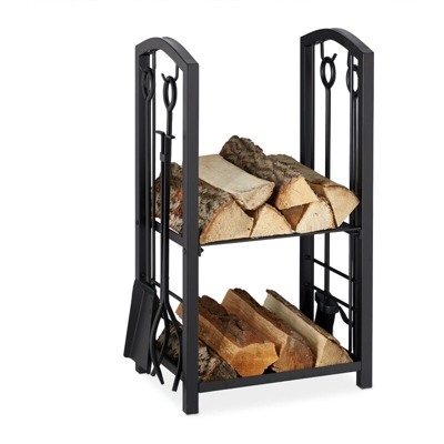 Portalegna con 4 Accessori, 2 Ripiani, Acciaio, da Camino, Paletta, Scopino, Pinza & Attizzatoio, Nero
