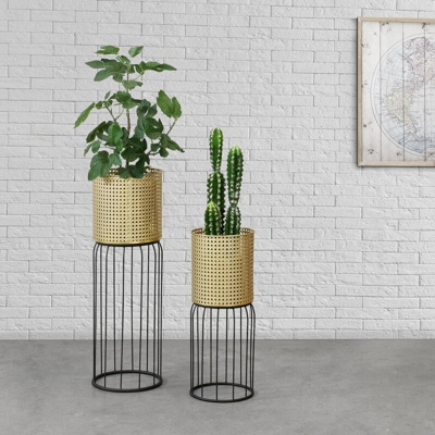 Set di 2 Portavasi in Metallo Supporto Nero per Piante in 2 Altezze Diverse con Coprivaso in Color Oro e Base Nero di Forma Cestello