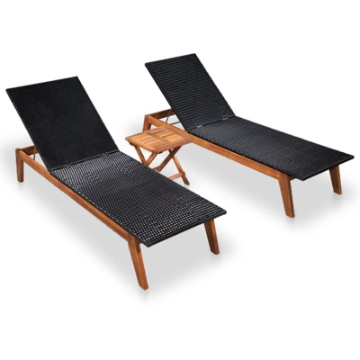 vidaXL Lettini Prendisole 2 pz con Tavolo in Polyrattan e Legno Acacia - Nero
