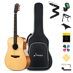 Donner Chitarra Acustica 4/4 Adulto Kit Acustica Chitarra 41 Pollici Principiante Chitarra Folk Massello Top con Custodia Corde Capo Accordatore Natur características