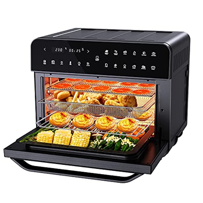 Friggitrice ad Aria 25L, Forno ad Aria Calda in Acciaio Inossidabile Friggitrice Senza Olio Air Fryer con Touch Screen, 12 Programmi, 5 Accessori e Ri