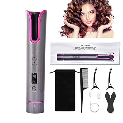 OneV FT Ferro Arricciacapelli Automatico, LCD Display Bigodino Senza Fili, USB Rivestimento in Ceramica e 5 Impostazioni di Temperatura Ferro Arriccia