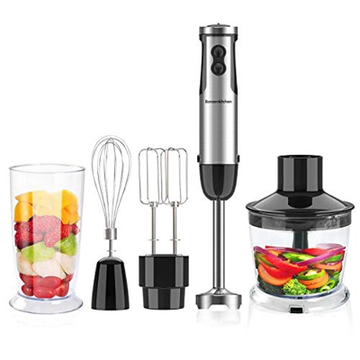 Bonsenkitchen Frullatore a Immersione, 5 in 1 Frullatore ad Immersione Minipimer, Mixer a Immersione Professionale, Tritatutto, Frusta Elettrica, 12 v