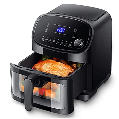 KÝVÖL Friggitrice ad Aria 5,7 Litri Air Fryer con Finestrella Trasparente, 8 Programmi, Friggitrice ad Aria Senza Olio Display LED, Ricette in Italian