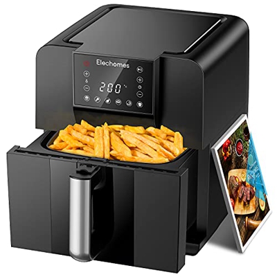 Elechomes Friggitrice ad Aria Calda, 6L Friggitrice Senza Olio, 1700W Doppia Ventola, Schermo LED Touchscreen, Preriscaldamento e Promemoria Scuotere,
