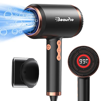 Asciugacapelli Ionico, Phon per Capelli Professionale per Asciugatura Rapida, Regolazione Intelligente Della Temperatura e Della Velocità, con Display