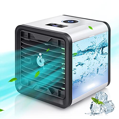 Condizionatore D'aria Portatile, Air Cooler Refrigeratore 5 in 1, Umidificatore Purificatore Diffusore di Aromi USB con 3 Velocità e 7 Colori, Adatto 