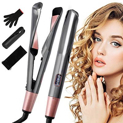 Yuragim Piastra Capelli Curl & Straight, 2 in 1 Curling Dritto Arricciacapelli A doppio uso, Rivestimento in Ceramica, Onde Morbide o Capelli Lisci, D