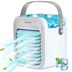 LISOPO Mini Aria Condizionatore Portatile, 4 IN 1 Air Cooler Ricaricabile USB, 3 Velocità 7 Colori Luce LED, Raffredatore/Umidificatore/Condizionatore características