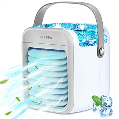 LISOPO Mini Aria Condizionatore Portatile, 4 IN 1 Air Cooler Ricaricabile USB, 3 Velocità 7 Colori Luce LED, Raffredatore/Umidificatore/Condizionatore
